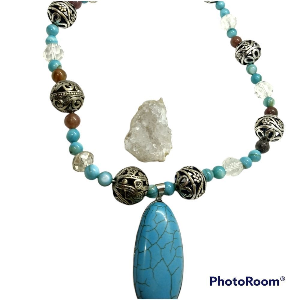 ❤️Turquoise princess silver orb‎ filigree necklace